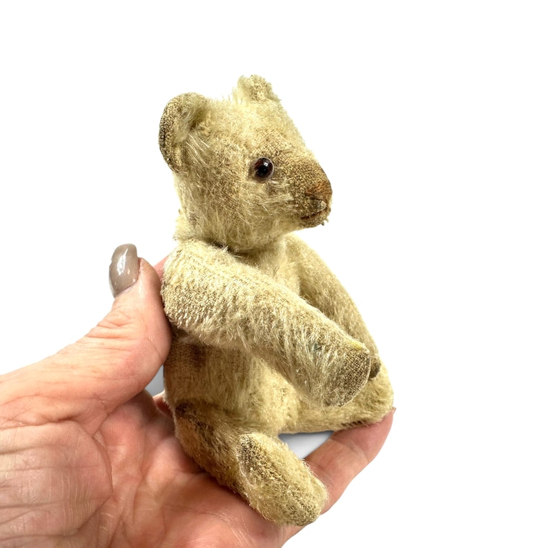 May include: A small, beige, fuzzy teddy bear with a textured, worn-looking coat, dark brown eyes, and a stitched snout. The bear is depicted in a seated position with its arms and legs extended forward, showing a compact, vintage-style construction.