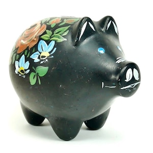 Large Rustic Piggy Bank Scandinavian ceramic Vintage Handmade Norwegian folk art Hand painted 60s