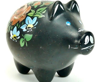 Large Rustic Piggy Bank Scandinavian ceramic Vintage Handmade Norwegian folk art Hand painted 60s