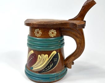 Vintage Scandinavian Folk Art Ale Tankard – Hand-Painted Wooden Lidded Mug