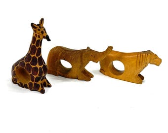 Set of 3 Vintage Kenyan Hand Carved Wooden Safari Napkin Holders - Giraffe, Lion, Elephant