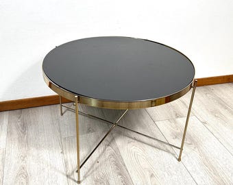 Vintage Mid-Century Brass & Black Glass Table – 1970s Scandinavian Modern Side Table
