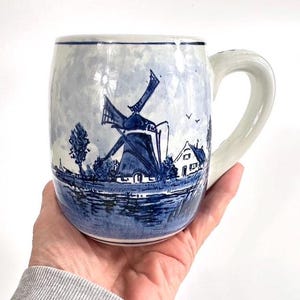 Vintage Delft Holland Blue and White Mug with Windmill tankard – 1960s Hand-Painted Ceramics