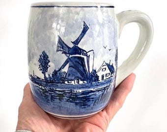 Vintage Delft Holland Blue and White Mug with Windmill tankard – 1960s Hand-Painted Ceramics