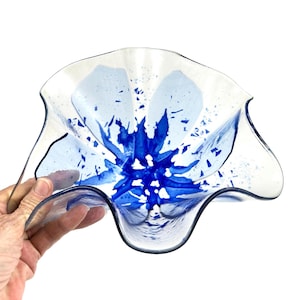 Signed Blue Art Glass Centerpiece Bowl – Mid-Century Ruffled Hand-Blown Scandinavian Style Decor
