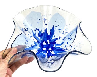 Vintage Hand-Blown Art Glass Bowl – Blue Floral Centerpiece with Ruffled Edge, Signed