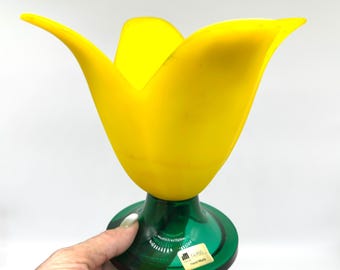 Vintage studio nova lily vase: frosted yellow glass pedestal, made in portugal