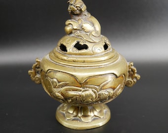 Vintage Brass  Incense Burner – Oriental Foo Dog Home Decor with Koi Fish Embossed Design