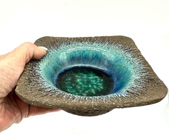 Fat Lava Pottery Bowl – Blue-Green Interior, 1960s