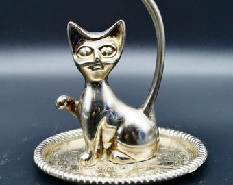 Vintage silver plated cat ring holder: mid-century vanity decor