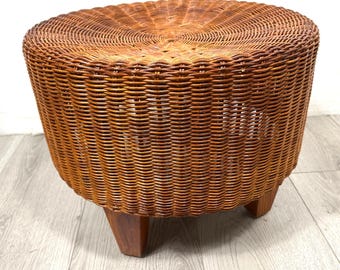 Vintage IKEA Round Wicker Rattan Ottoman Footstool – Scandinavian Modern Boho Chic