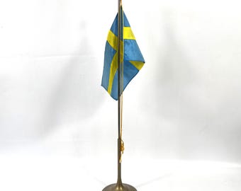 Vintage Brass Swedish Table Flag – 50 cm Tall Scandinavian Decor