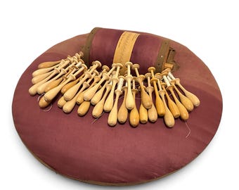 Vintage Swedish Lace Making Pillow Box with 30 Wooden Bobbins