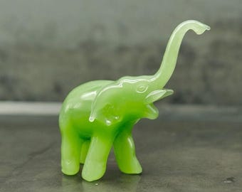 Mid century Glass Elephant Figurine, Vintage Paperweight, Green Glass Art Sculpture