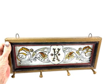 Wall Coat Rack, Hand Painted Glass Panel, Vintage Hook Rail, Gilded Frame Decor
