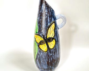 Mid-Century Modern Stoneware Vase with Sgraffito and Butterflies – Vintage Sweden, 1950s