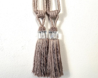 Vintage French Tassel Curtain Tiebacks: Taupe Silk with Acrylic Cubes