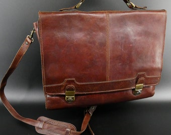 Vintage leather messenger bag briefcase, brown leather shoulder bag, crossbody bag from the 70s