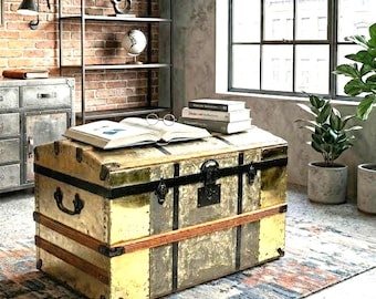 Swedish Steamer Trunk, 19th Century Metal Chest with Wood Trim, Antique Storage, 75 cm