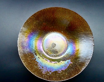 Mid Century Iridescent Art Glass Bowl: Scandinavian Marigold Decor