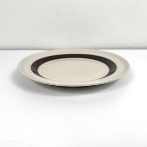 May include: A white ceramic plate with a brown band around the rim.