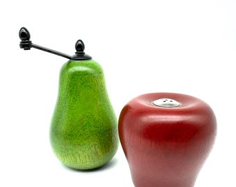 Vintage wooden apple salt shaker & pear pepper grinder, fruit design tableware, 1970s kitchen decor