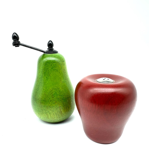 Vintage wooden apple salt shaker & pear pepper grinder, fruit design tableware, 1970s kitchen decor