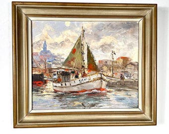 Oil Painting Fishing Boats in Harbor by Kurt-Erik Heinonen, 1950s Scandinavian Art