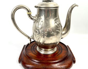 Antique Art Nouveau Coffee Pot – Embossed Tulip Design, Silverplate Teapot