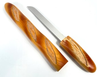 Vintage French Cuzin Bread Knife: Wooden Baguette Sheath, Rustic Decor