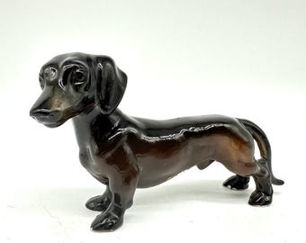 Vintage Ceramic Dachshund Figurine – Brown Glazed Mid-Century Dog Statue