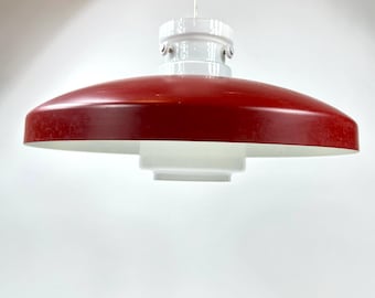 Space Age Pendant Lamp: Red Metal & Opal Glass, Scandinavian 1960s