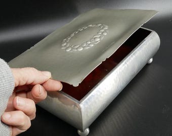Pewter Jewellery Box with Garland Design and Wood Interior, 1940s