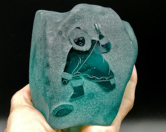 Signed Siku Glass Sculpture – Frosted Inuit Figure, Vintage Art Paperweight