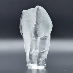 May include: A clear glass elephant sculpture. The elephant is depicted standing, with its trunk curled. The sculpture has a textured surface and is set against a dark background. The elephant's form is detailed, capturing the essence of the animal.