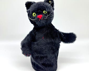 Steiff Black Cat Hand Puppet with button – Mohair Plush Toy, 1960s