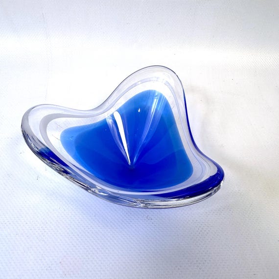 Flygsfors Coquille Bowl, Blue and White Art Glass, Kedelv, 1950s