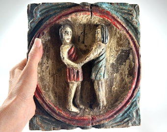 Vintage Gemini Wood Carving – Hand-Painted Zodiac Wall Panel – Twin Figures in Folk Art Style