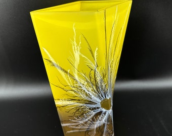 Große Nobile Rhapsody Milchglas-Vase mit goldenen Federn, mundgeblasen, hergestellt in Polen