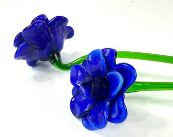 Vintage Hand-Blown Cobalt Blue Glass Flowers - Scandinavian Art Glass (40cm Stems)