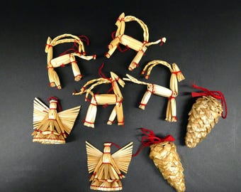 Vintage Scandinavian Straw Christmas Ornaments – Set of 8 Swedish Folk Art Decorations