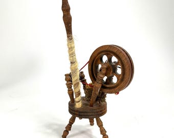 Antique rustic spinning loom model – handmade wooden miniature with turning wheel, 25 cm tall