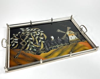 1920s Handpainted Glass Serving Tray: Oriental Windmill Scene, Silver Frame