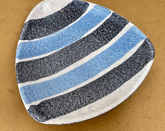 Vintage Strehla Ceramic Bowl: Mid-Century Blue & Black Striped German Pottery