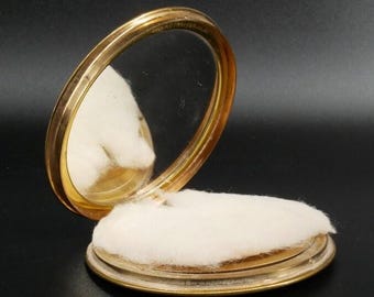 Vintage engine-turned compact mirror – mid-century brass tone accessory