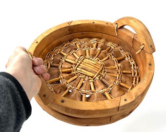 Rustic Wooden Basket with Woven Rattan Base – Large 13" Handcrafted Round Basket with Handles