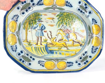 Vintage Talavera Charger: Hand-Painted Spanish Stag Hunt Wall Plate