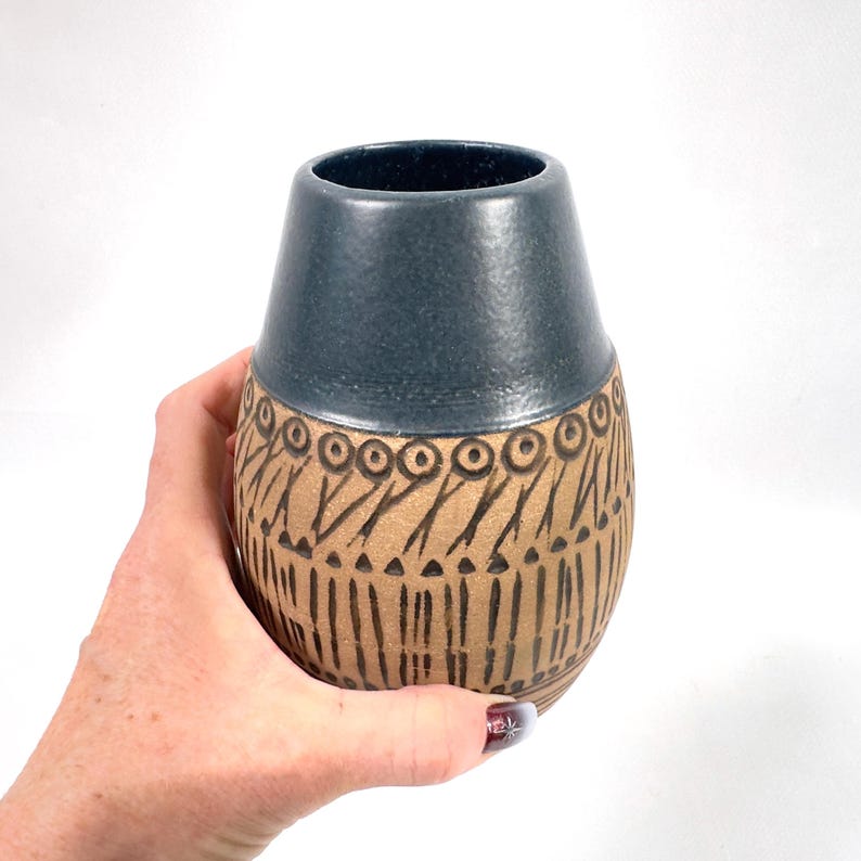 Steengoed vaas Lisa Larson, blauw glazuur, Gustavsberg Studio, jaren 60, Zweden afbeelding 9