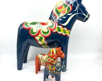 Large vintage Blue Dala horse - Traditional Swedish Folk Art, 35cm