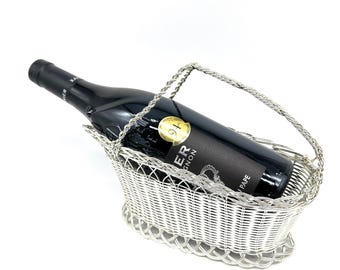 French silver-plated wine basket, woven metal bottle holder, vintage